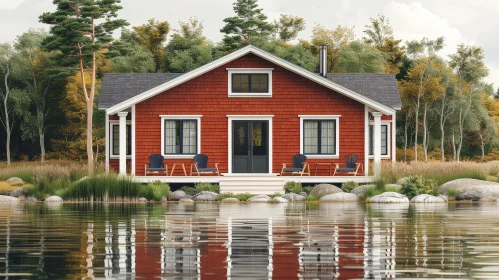 Tranquil Autumn Scene: Red Cabin by Calm Water