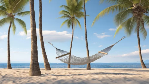 Tranquil Hammock on Beach with Palm Trees - Captivating Nature Imagery