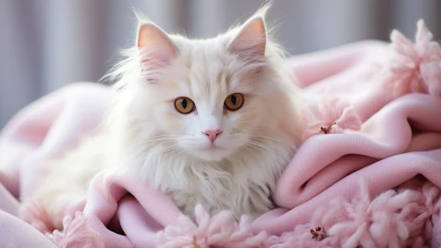 White Fluffy Cat on Pink Blanket