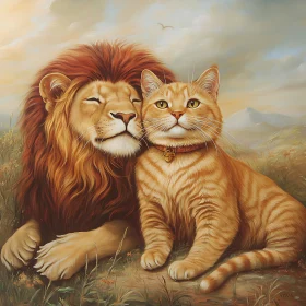 Lion and Ginger Cat Embracing Nature