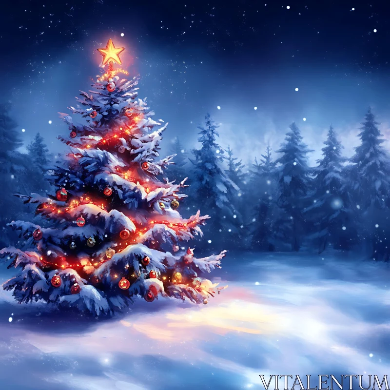 Festive Christmas Tree Under Falling Snow AI Image