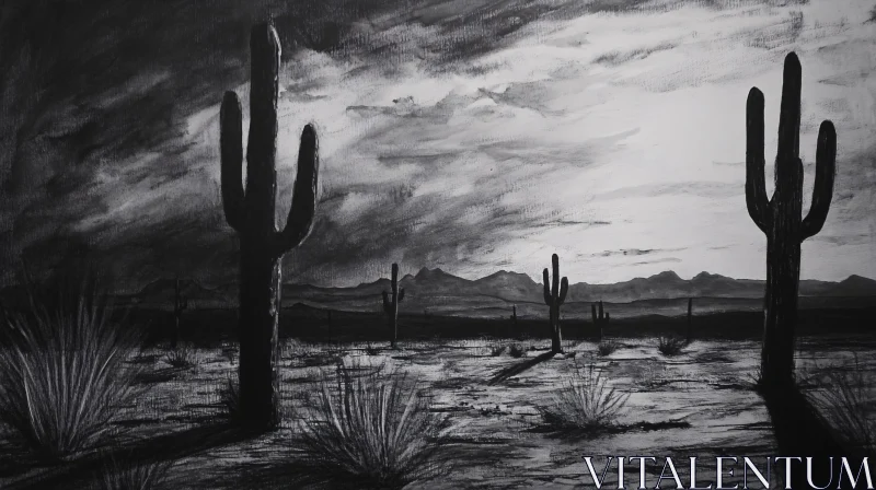 AI ART Black and White Desert Scene with Cacti