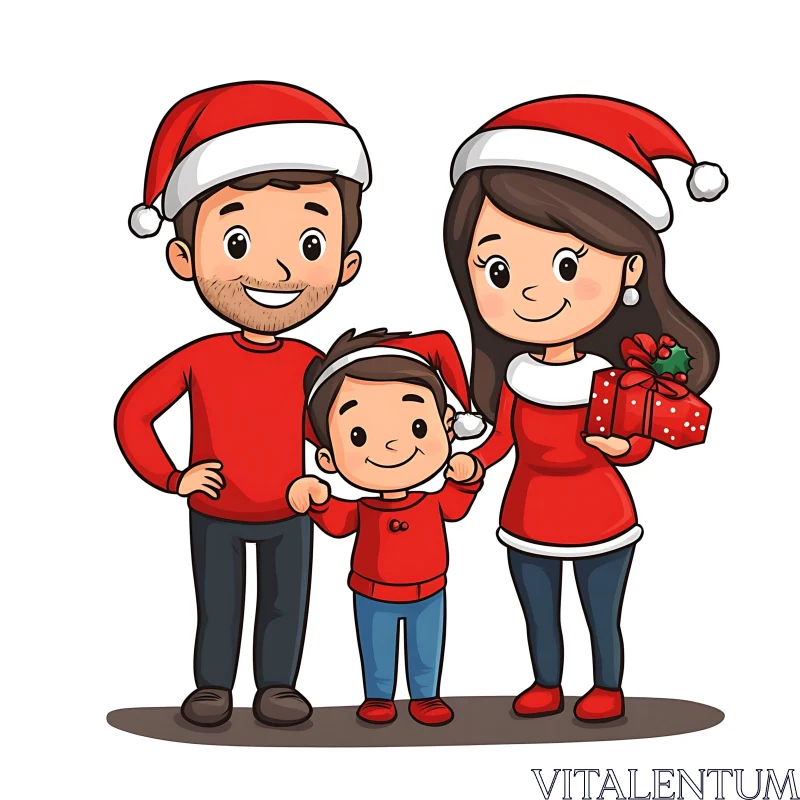 Festive Family Cartoon with Santa Hats and Christmas Gift AI Image