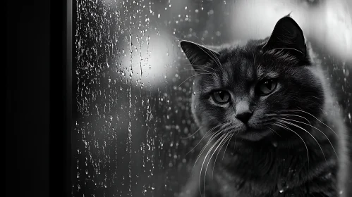 Pensive Cat Gazing Through Wet Glass in Monochrome