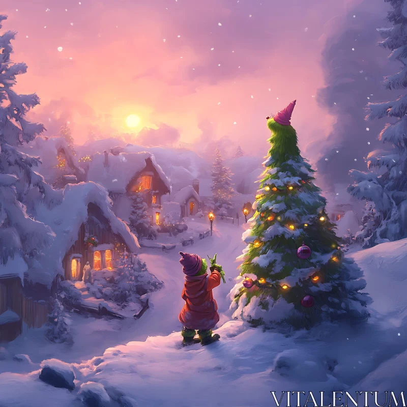 Magical Winter Village with Christmas Tree AI Image