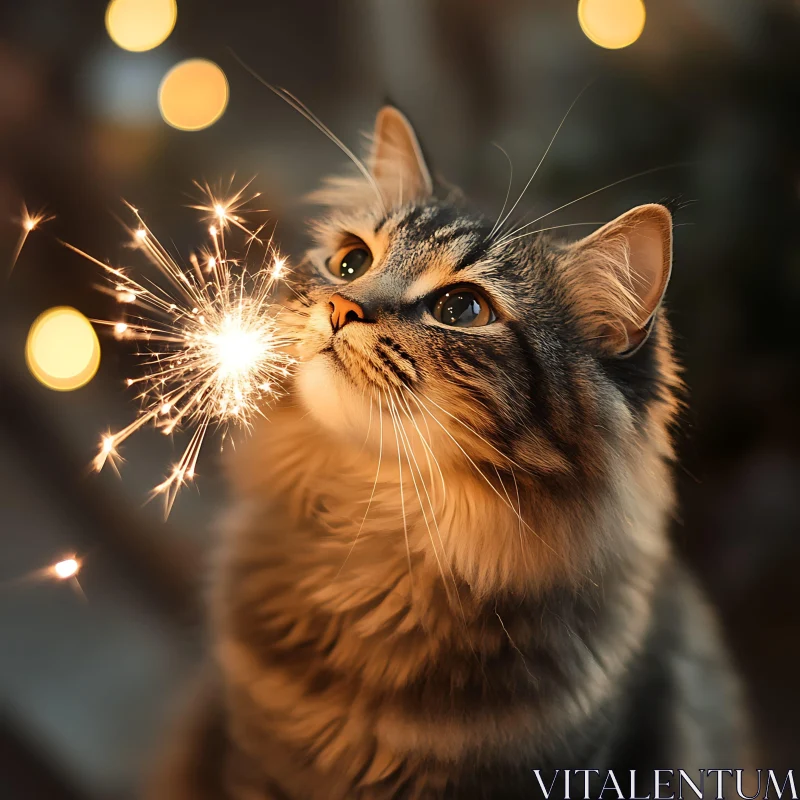 Magic Moment of a Cat with a Sparkler AI Image