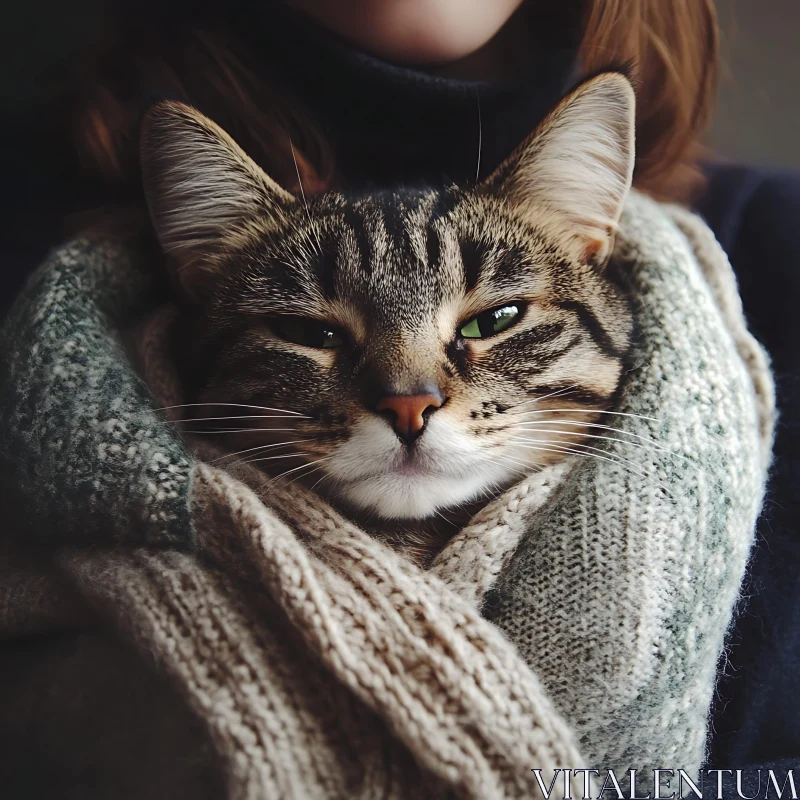 Warm and Cozy Tabby Cat Wrapped in Blanket AI Image