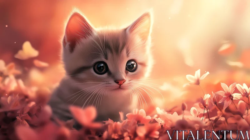 Cute Kitten in Flower Field AI Image