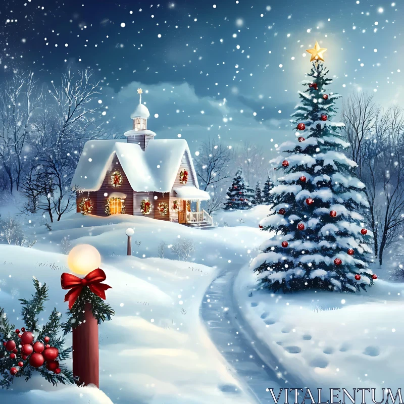 Holiday Magic in a Snowy Landscape AI Image