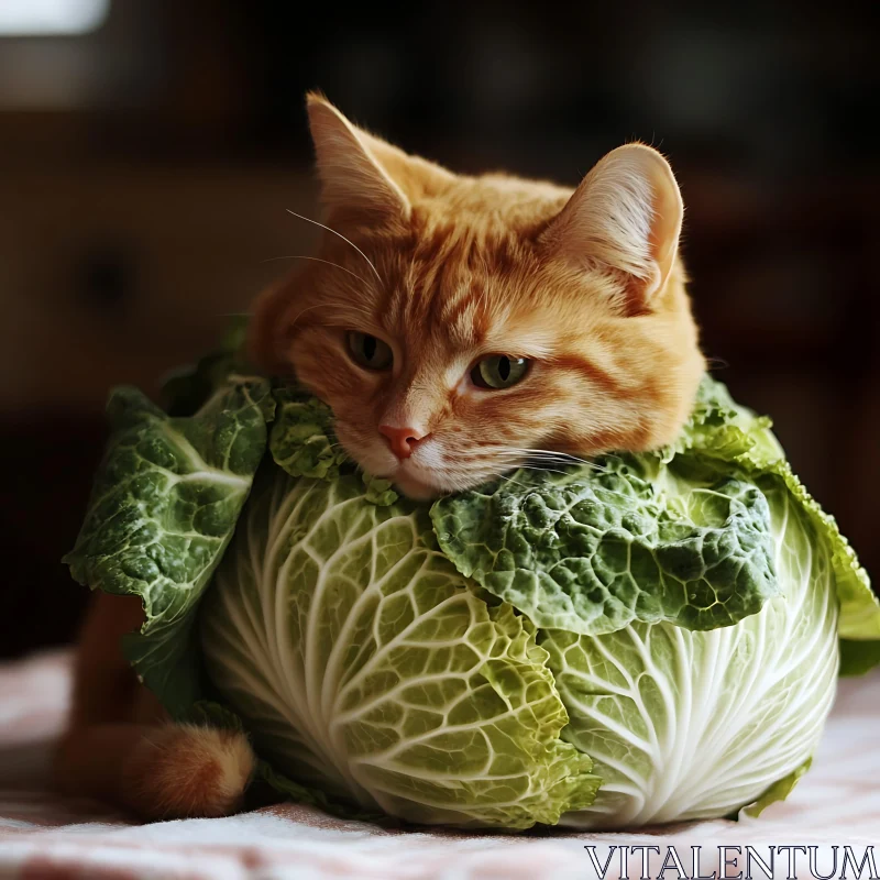 Charming Cat Posing on a Cabbage AI Image