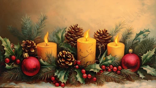 Holiday Candle Arrangement with Pinecones and Ornaments