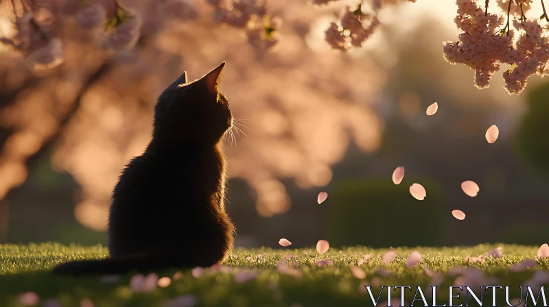 Serene Sunset with Cherry Blossoms and Cat AI Image