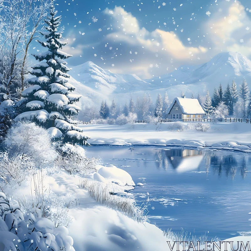 Peaceful Snow-Covered Cabin in Mountainous Landscape AI Image