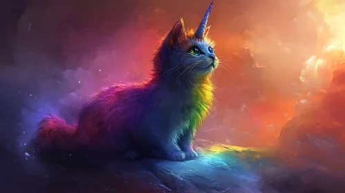 Enchanting Cat with Unicorn Horn Amidst Rainbow Colors