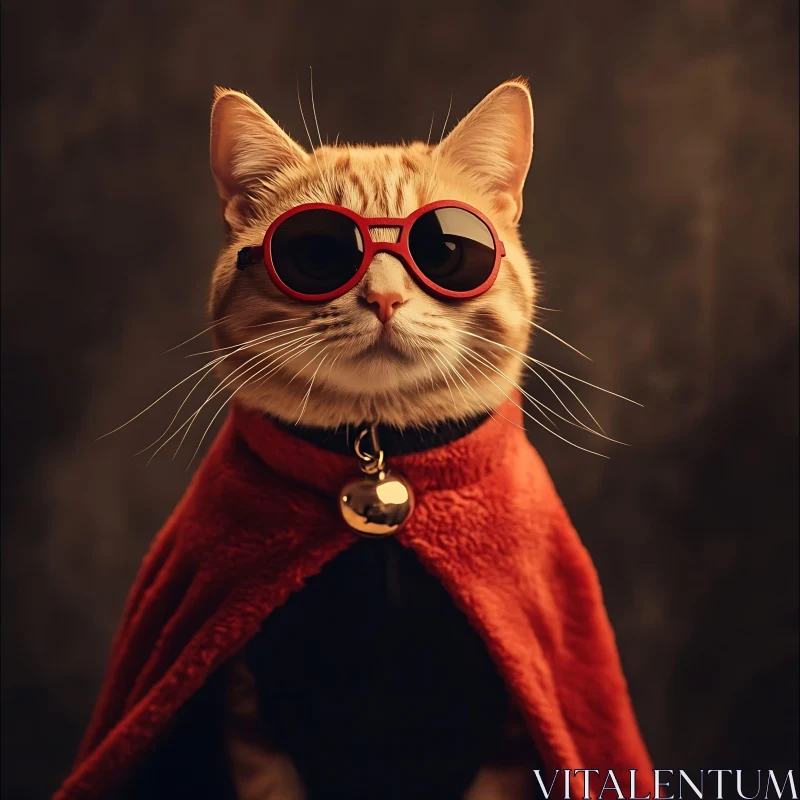 Fashionable Cat in Red Sunglasses and Cape AI Image