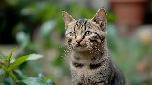 Inquisitive Tabby Cat with Green Eyes in Natural Setting