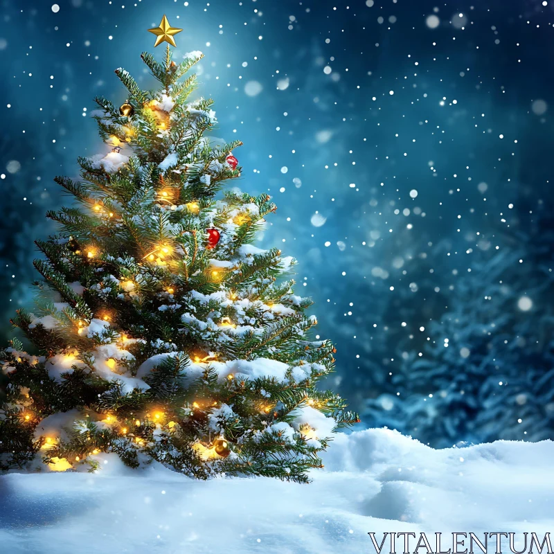 Snow-Covered Christmas Tree with Twinkling Lights AI Image