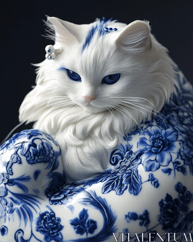 White Cat with Blue Eyes and Blue Porcelain Design AI Image