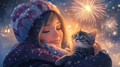 Winter Night Celebration with Fireworks and Cat