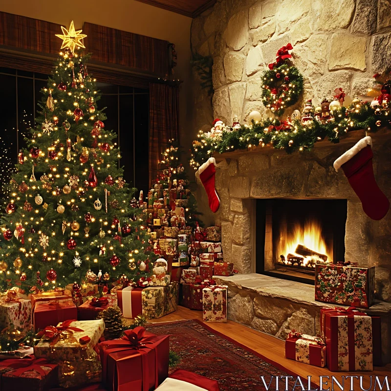 Festive Holiday Decor in a Warm Living Room Scene AI Image