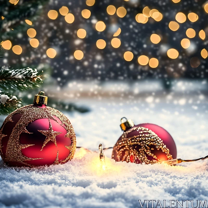 Magical Christmas Decorations in Winter Snow AI Image