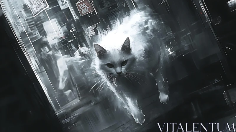 Ghostly White Cat in Cityscape AI Image