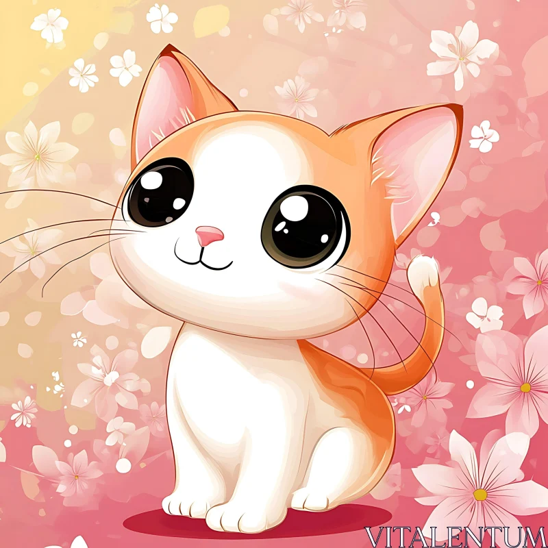 Sweet Kitten Illustration with Flowers AI Image