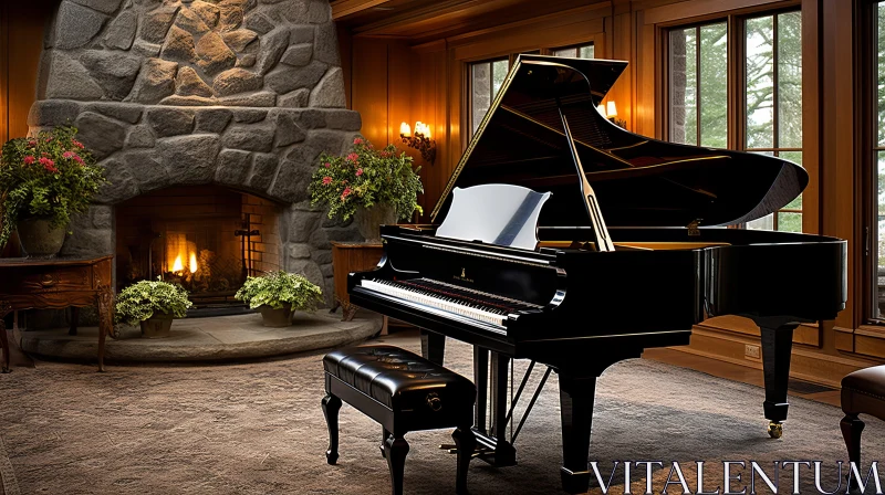 AI ART Black Grand Piano and Cozy Fireplace in Tranquil Living Room