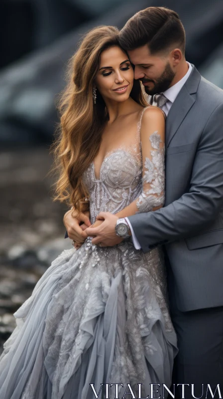 Bride and Groom in Luxurious Grey Wedding Attire: An Urban Fairy Tale AI Image