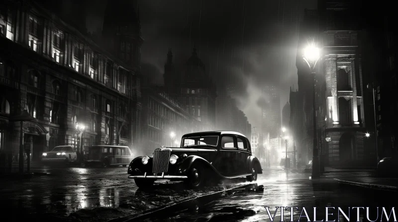 Captivating Black and White Photograph of a Vintage Car in a Rainy City AI Image