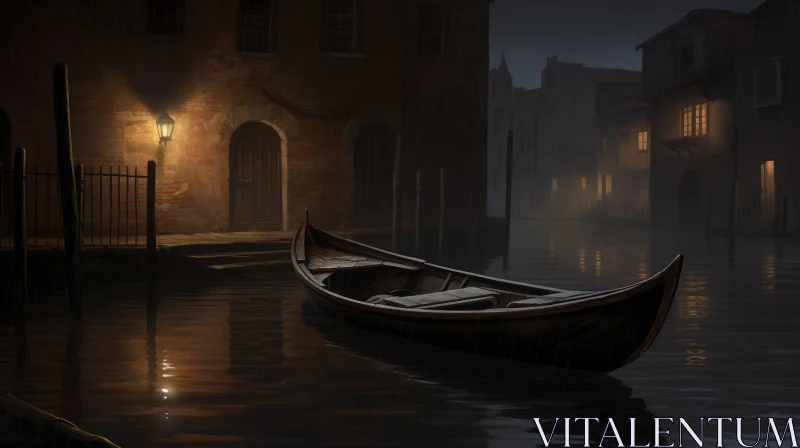 Darkly Romantic Illustration of a Gondola in a City at Night AI Image