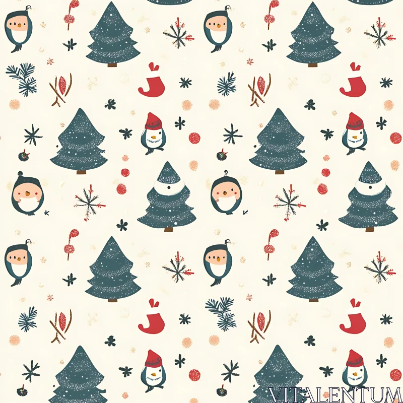 Festive Penguin and Snowflake Christmas Pattern AI Image