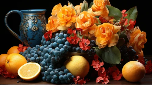Elaborate Fruit Arrangements in Ornate Vase - A Timeless Still Life