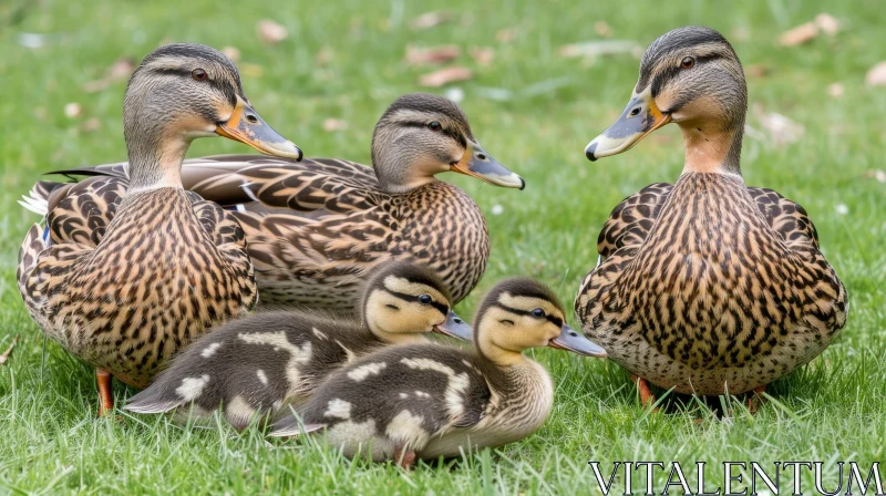 Family of Ducks on Grass AI Image
