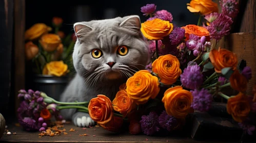 Gray Cat with Orange Eyes and Flowers