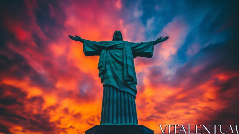 Majestic Christ Statue Against Vibrant Sunset Sky AI Image