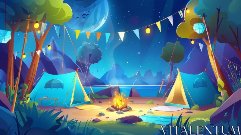 Night Camping Site with Tents and Campfire AI Image
