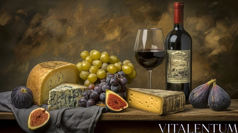 Realistic Still Life: Wooden Table with Wine, Cheese, and Fruits AI Image