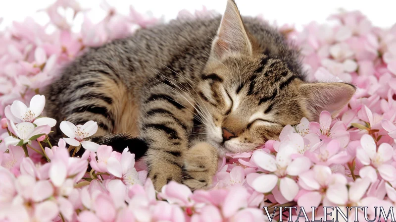 Sleeping Tabby Kitten in Pink Flowers AI Image
