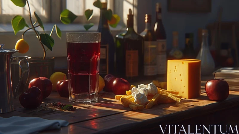 Still Life of Red Wine, Cheese, Fruit, and Plant on Wooden Table AI Image