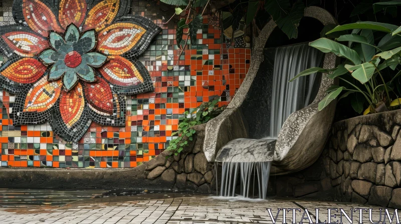 Vibrant Flower Mosaic Wall Art with Waterfall Feature AI Image