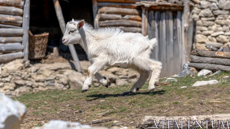 White Goat Kid Running on Rocky Hillside AI Image
