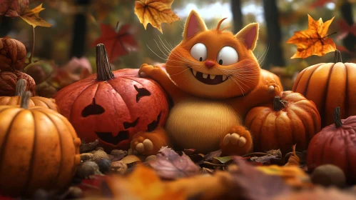 Whimsical Cat Playing with Pumpkins in Autumn