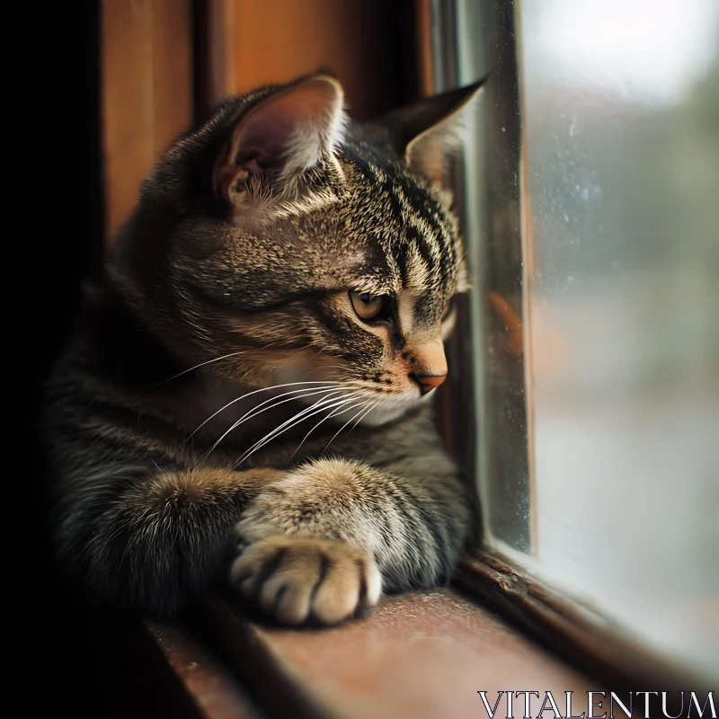 Thoughtful Cat Gazing Outside AI Image