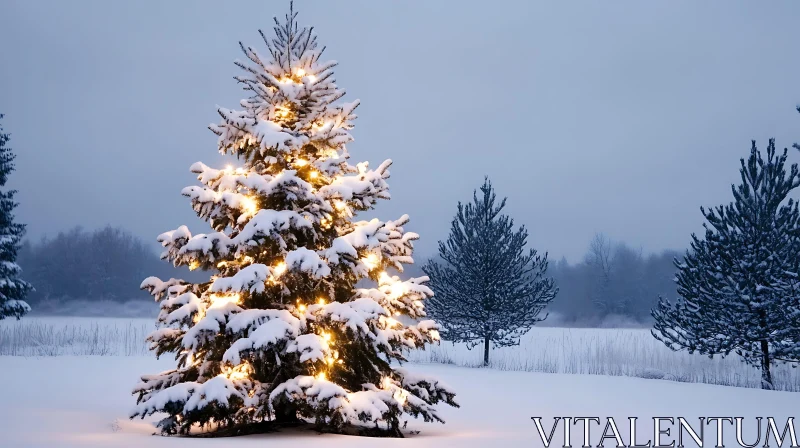 Festive Christmas Tree with Lights and Snow AI Image