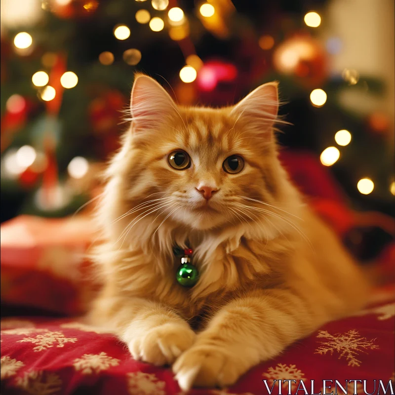 Festive Ginger Cat with Christmas Tree Lights AI Image