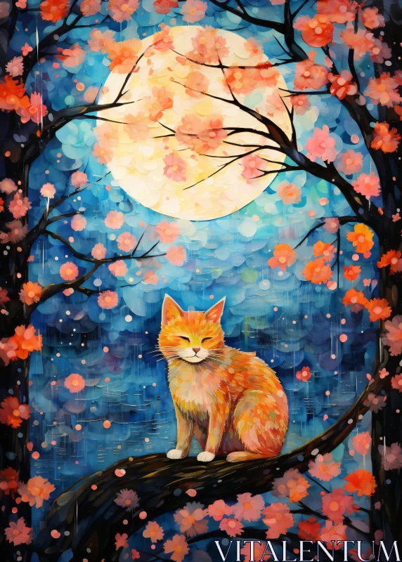 Cat and Cherry Blossoms under the Moon AI Image