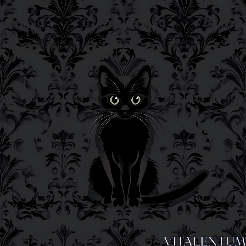 Stylized Black Cat on Dark Floral Pattern AI Image