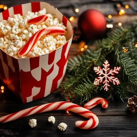 Holiday Popcorn Bowl with Candy Canes and Festive Decor