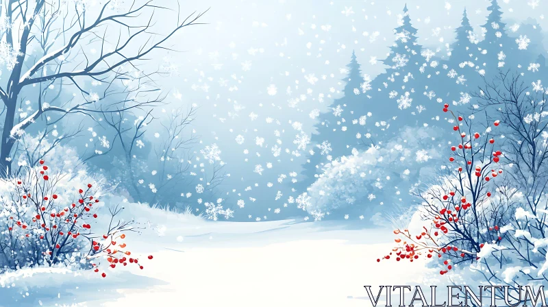 AI ART Tranquil Snowy Forest with Vibrant Red Berries